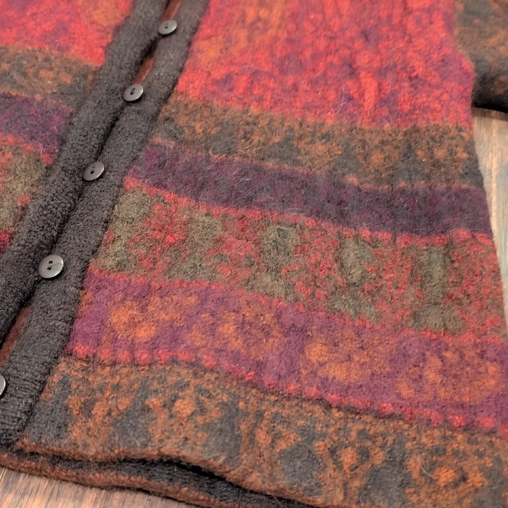 Vintage Felted Wool Cardigan Sweater Red Brown Thick Women's XS Button Front 80s - Picture 6 of 9